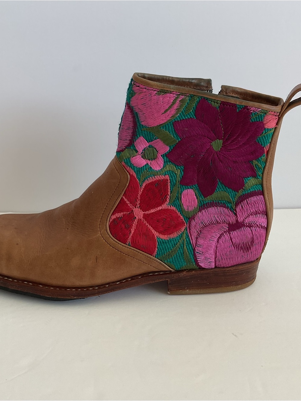 Embroidered Floral Leather Ankle Bootie - Brown with Pink & Red Floral